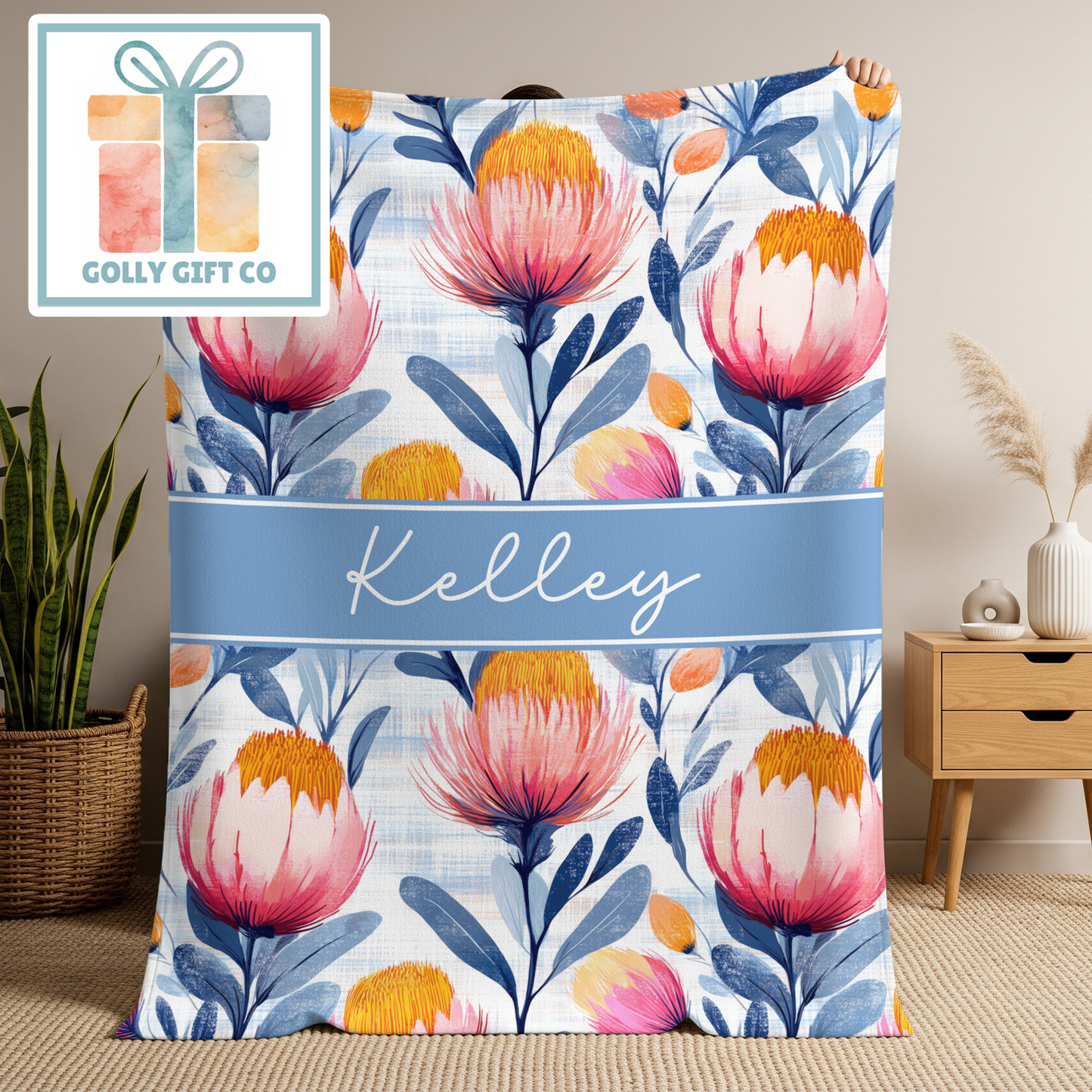 Personalized Watercolor Floral Fleece Blanket - Custom Name Throw With Large Pink Spring Blossoms For Girls, Women, and Baby