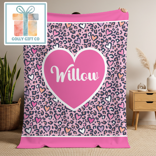 Personalized Leopard Heart Name Blanket - Custom Pink Animal Print Throw
