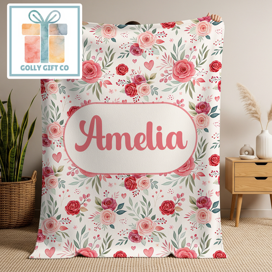 Personalized Red and Pink Roses with Hearts Blanket With Your Name - Customized Fleece Bedding Gift