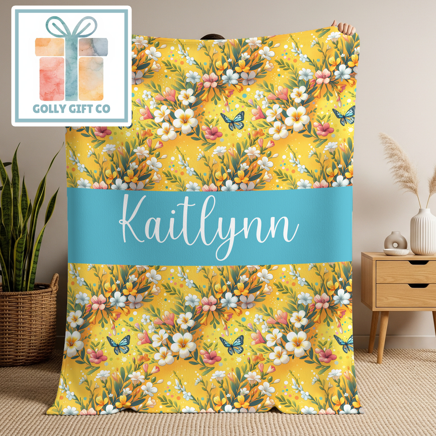 Personalized Vintage Floral Butterfly Fleece Blanket - Custom Name Tropical Boho Throw Blanket