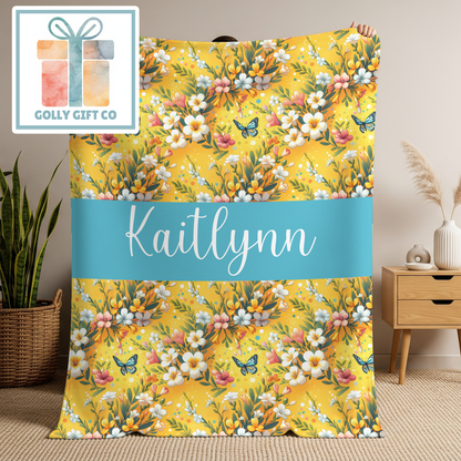 Personalized Vintage Floral Butterfly Fleece Blanket - Custom Name Tropical Boho Throw Blanket
