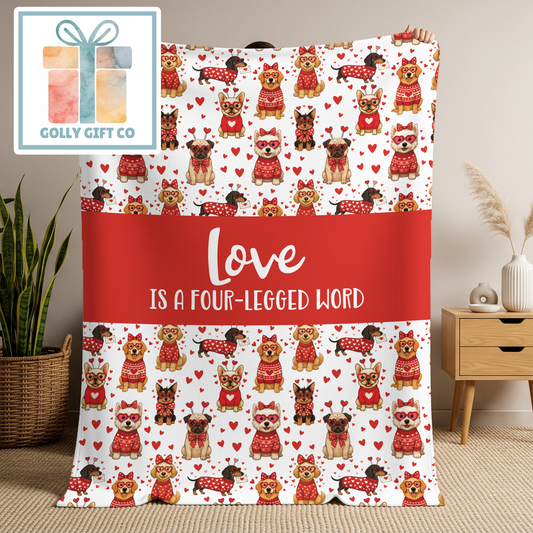 Love is a Four-Legged Word Valentine Dog Blanket | Pet Lover Gift Throw