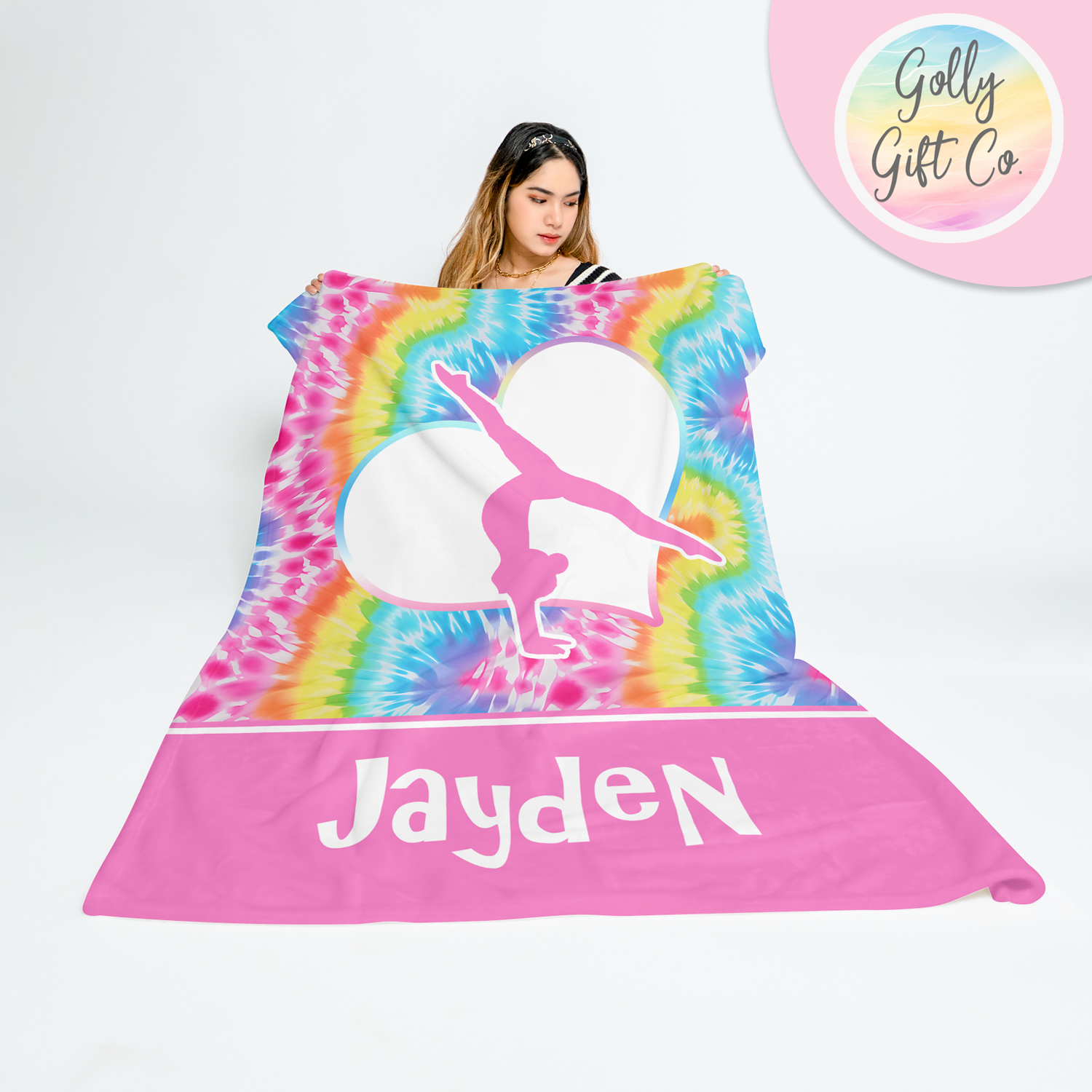 Personalized Bright Tie Dye Gymnastics Bedding - Girl Artistic Gymnastics Themed Fleece or Sherpa Throw Blanket - Gymnastics Gift for Girls - Golly Gift Co