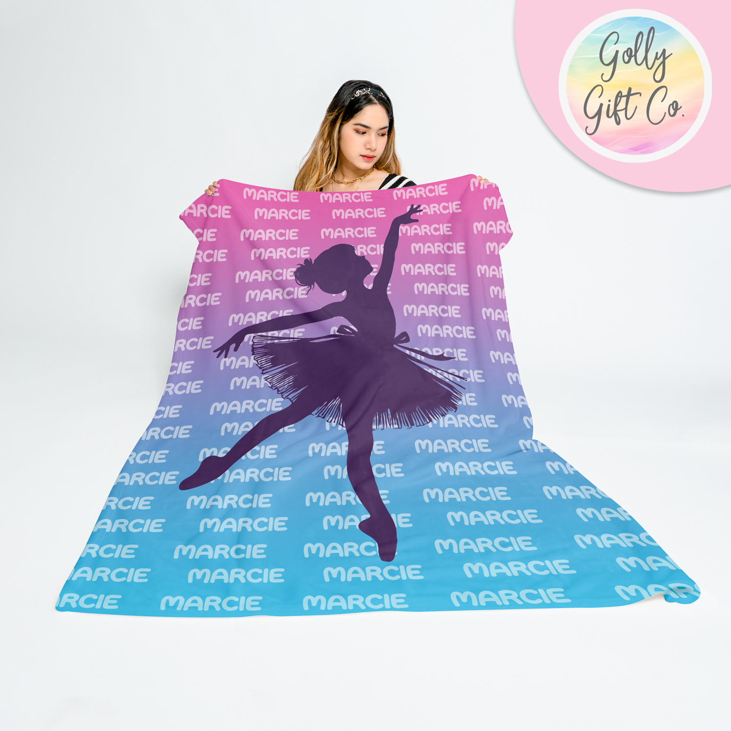 Personalized Name Shadow Gradient Dancer Bedding - Girls Ballet Dance Themed Fleece or Sherpa Throw Blanket - Golly Gift Co