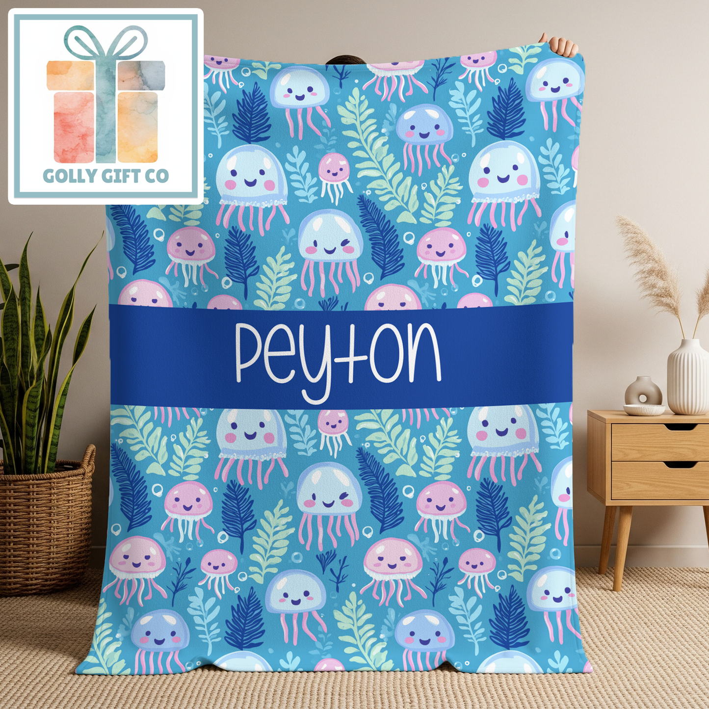 Personalized Jellyfish Fleece Blanket - Custom Name Ocean Theme Blanket for Kids