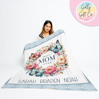 Personalized Mom Blanket with Kids Names - Butterfly Mom - Fleece Blanket Gift for Mom - Floral - Mother's Day Gift/Christmas