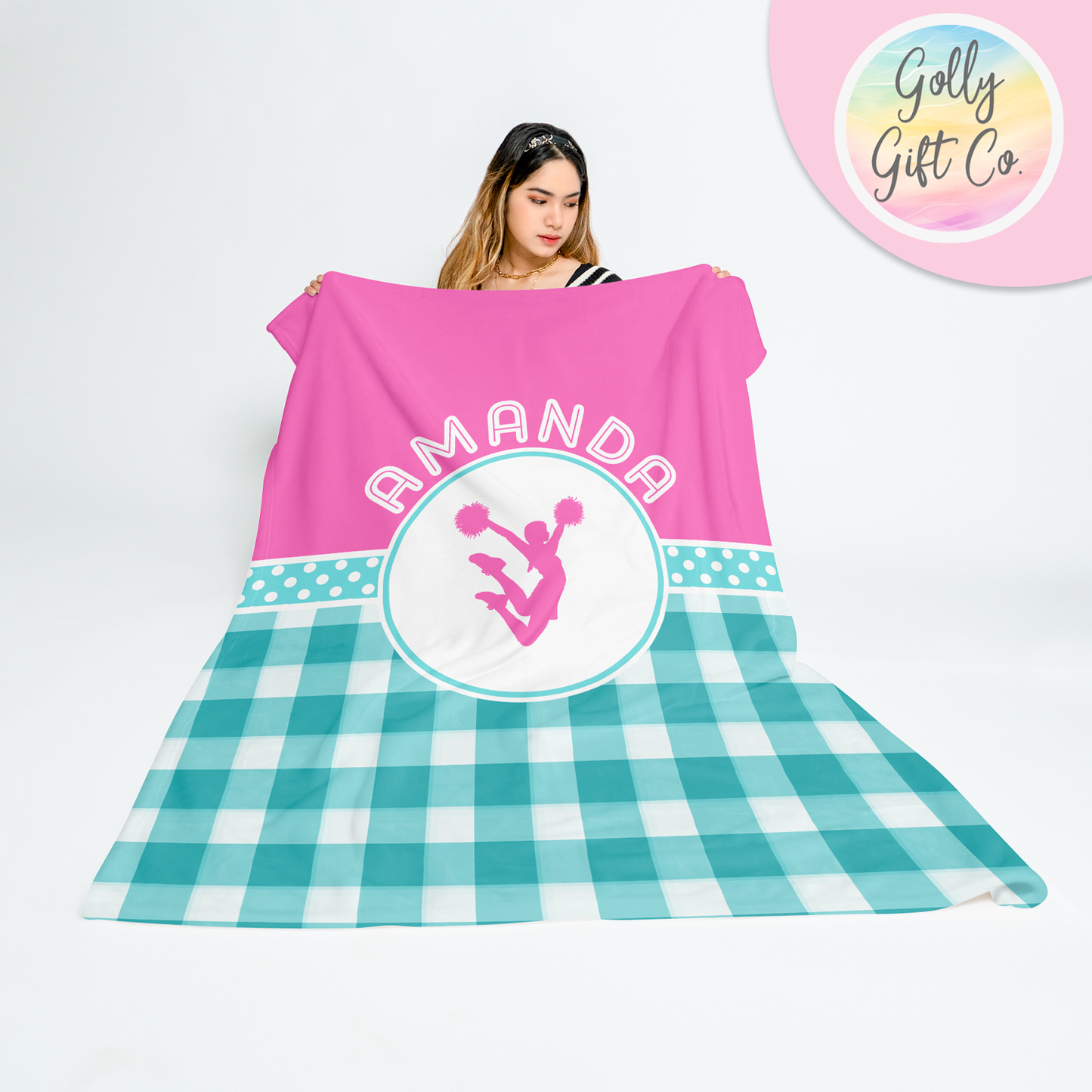 Personalized Gingham and Pokla-Dots Cheerleading Bedding - Cheerleader Themed Fleece or Sherpa Throw Blanket - Monogrammed Cheerleading Gift - Golly Gift Co