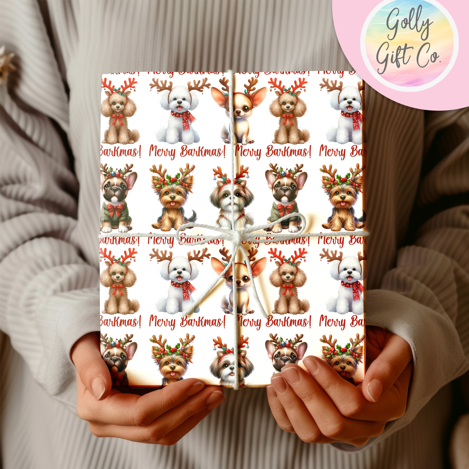 Adorable Christmas Dogs Wrapping Paper - Gift Wrap Dogs with Reindeer Antlers - Merry Barkmas Christmas Wrapping Paper - Christmas for Dogs - Golly Gift Co