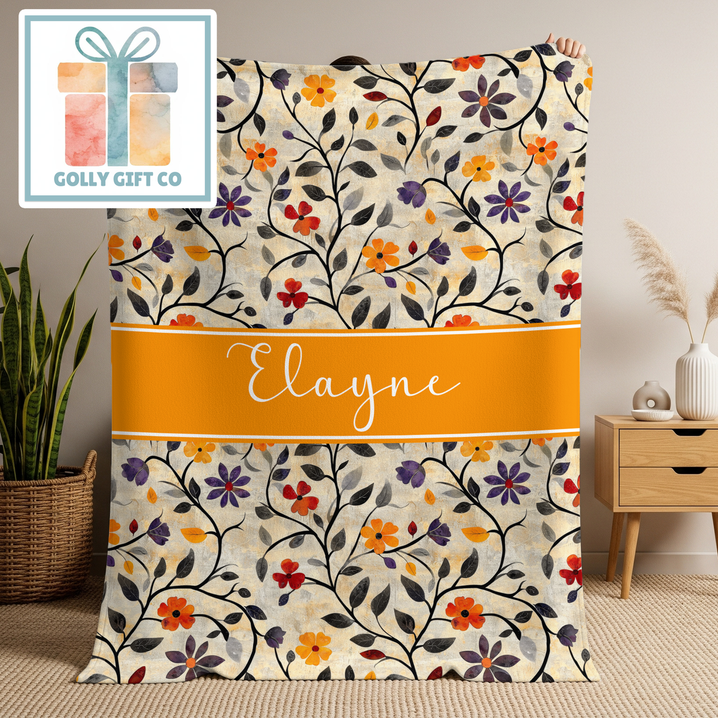 Custom Name Floral Boho Fleece Blanket - Personalized Throw Blanket with Vintage Flower Pattern