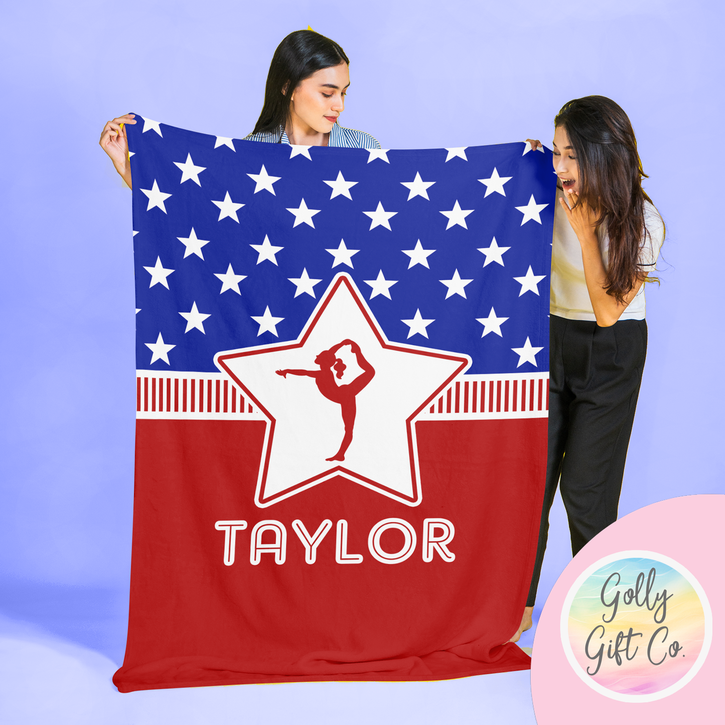 Personalized Gymnastics Patriotic USA Bedding - Girls Gymnastics USA Themed Fleece or Sherpa Throw Blanket With Red White and Blue Flag