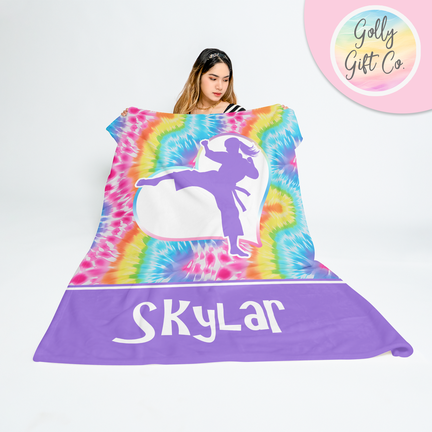 Personalized Bright Tie Dye Martial Arts Bedding - Girl Karate / Martial Arts Themed Fleece or Sherpa Throw Blanket - Golly Gift Co