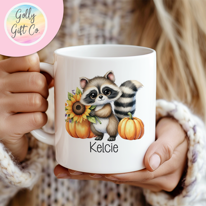 Personalized Racoon Thanksgiving / Fall Coffee Mug or Tea Mug - Cute Racoon with Pumpkins and a Sunflower