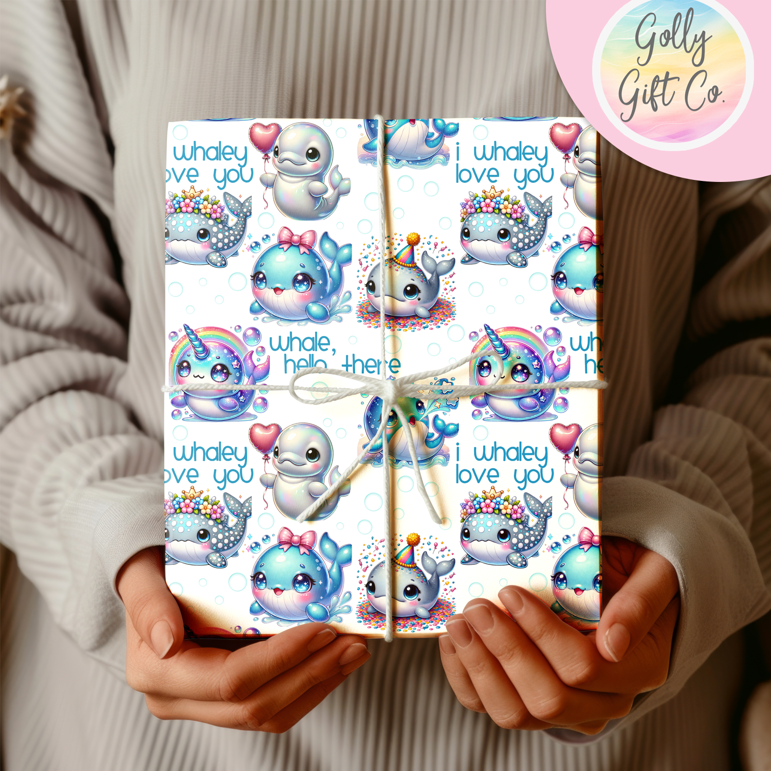 I Whaley Love You Wrapping Paper - Gift Wrap - Whales and Narwhals for Birthday or Other Occasion Wrapping Paper - Golly Gift Co