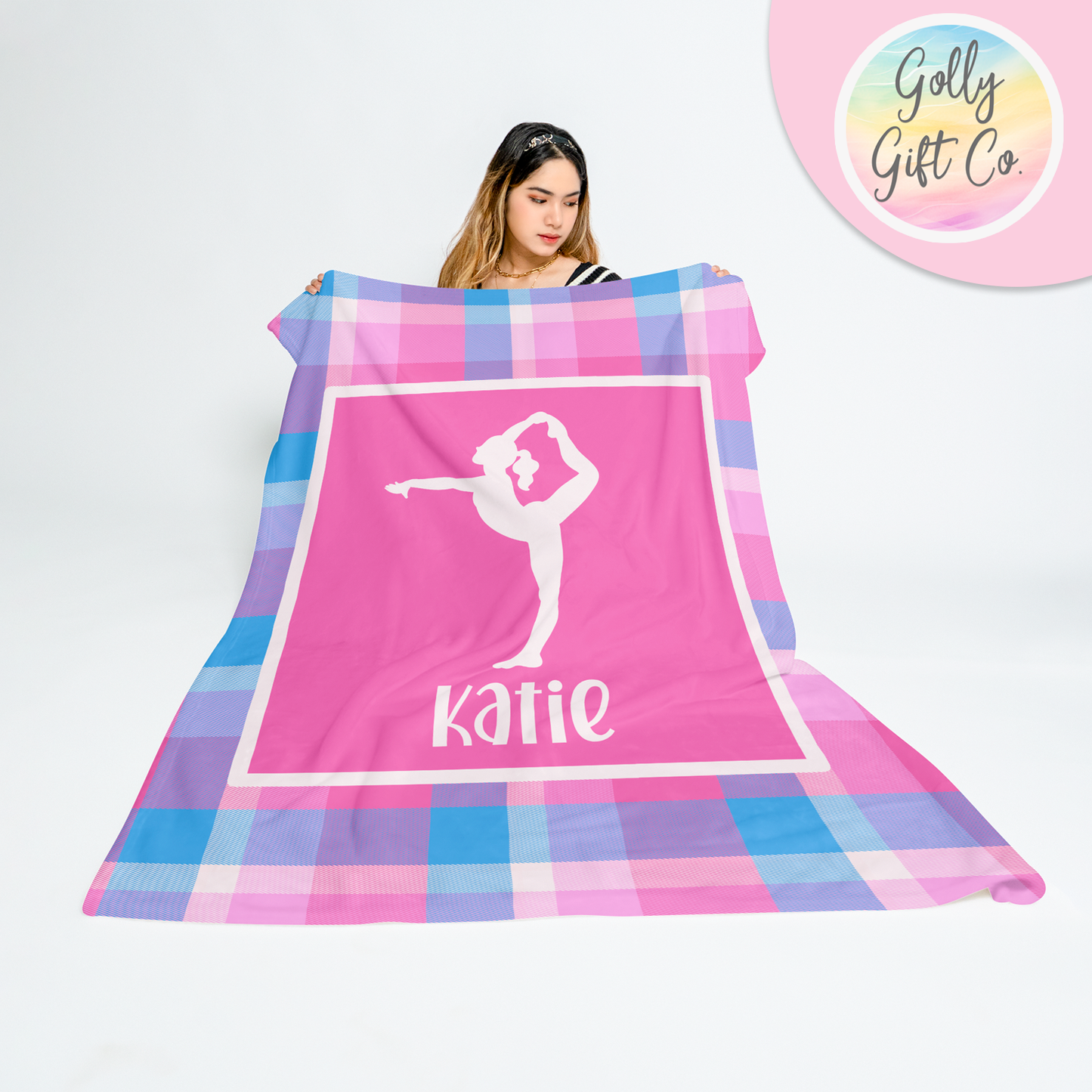 Personalized Gymnastics Bedding - Girls Gymnastics Themed Fleece or Sherpa Throw Blanket - Pink Passion Plaid - Custom Gift for Gymnast Girl - Golly Gift Co