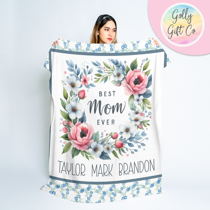 Personalized Mom Blanket with Kids Names - Wreath Best Mom Ever - Fleece Blanket Gift for Mom - Blue Flowers - Mother's Day Gift/Christmas