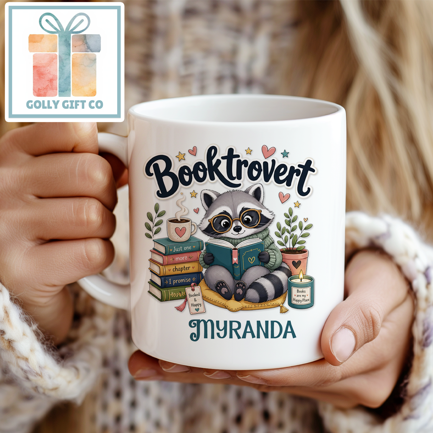 Personalized Booktrovert Mug | Custom Name Book Lover Gift | Raccoon Reading Coffee Cup | Gift for Readers - Golly Gift Co
