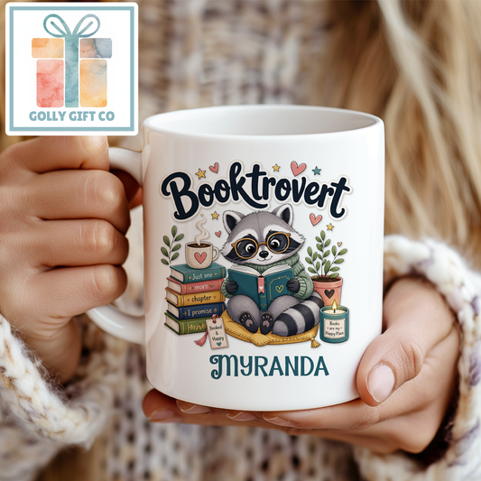 Personalized Booktrovert Mug | Custom Name Book Lover Gift | Raccoon Reading Coffee Cup | Gift for Readers
