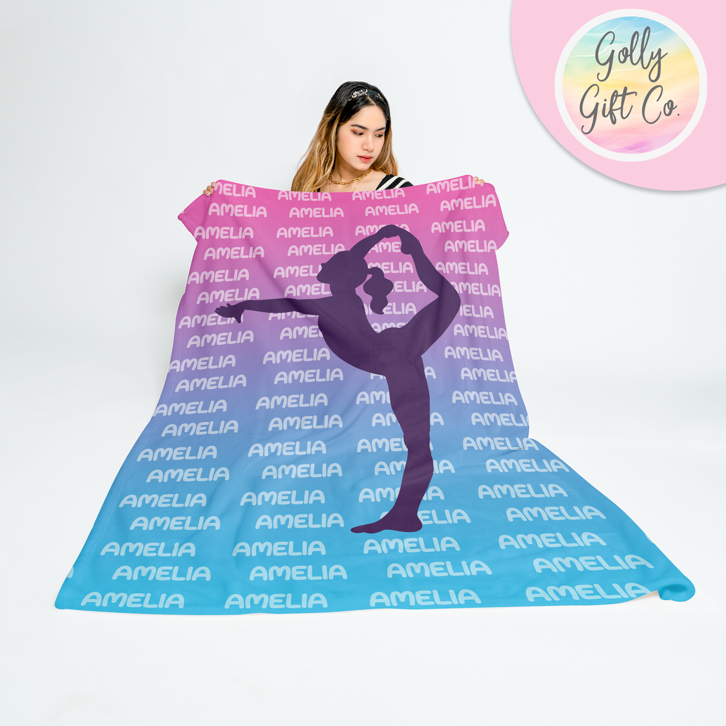 Personalized Name Shadow Gradient Gymnastics Bedding - Girls Gymnastics Themed Fleece or Sherpa Throw Blanket - Golly Gift Co