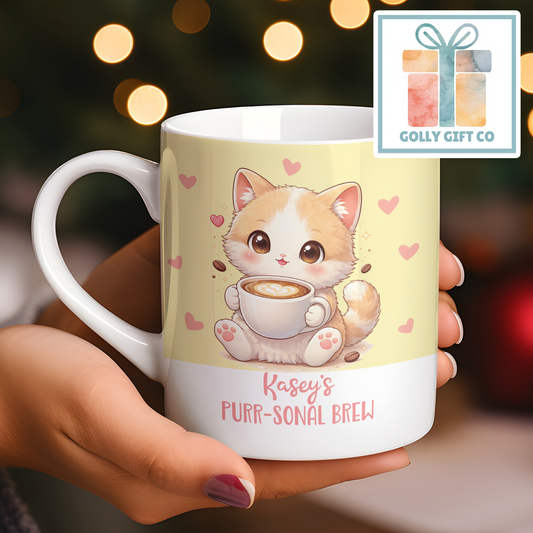 Personalized Kawaii Cat Coffee Mug - Cute Kitten Design with Custom Name - Perfect Gift for Cat Lovers