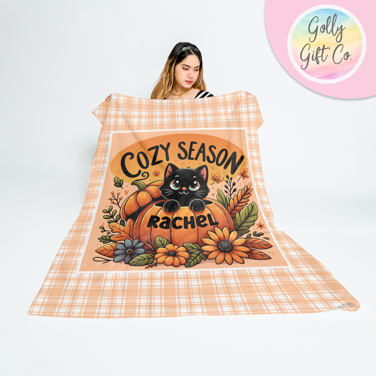 It's Cozy Season Black Cat in a Pumpkin Personalized Blanket - Customized Fleece Blanket for Fall/Thanksgiving Gift for Girl Who Loves Cats - Golly Gift Co