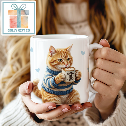 Coffee & Cats Mug | Cute Orange Cat in Sweater Coffee Mug | Cat Lover Gift | Cat Mom Mug | Funny Cat Coffee Cup | Gift for Her