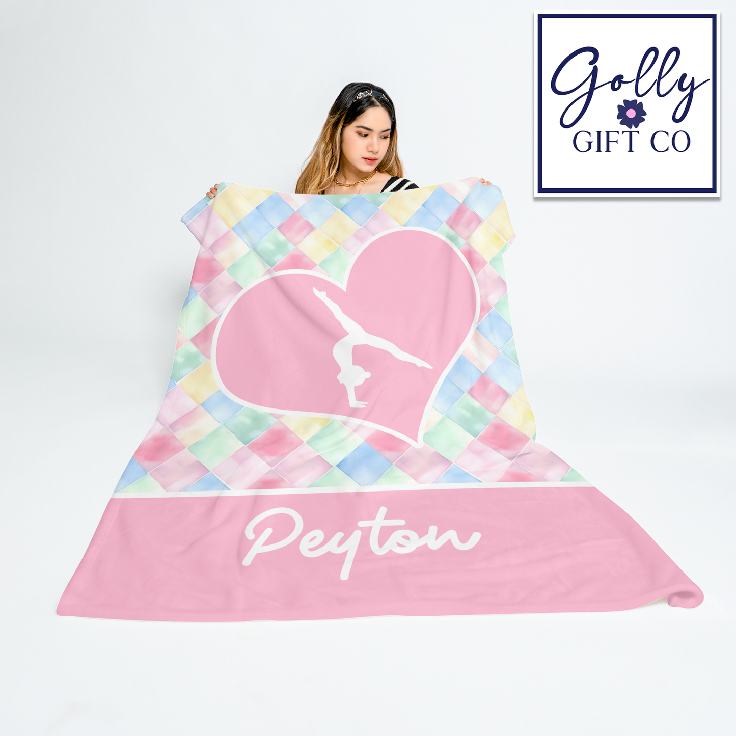 Personalized Gymnastics Fleece Blanket - Quilted Diamonds Design Bedding for Gymnast - Gymnastics Themed Fleece or Sherpa Throw Blanket
