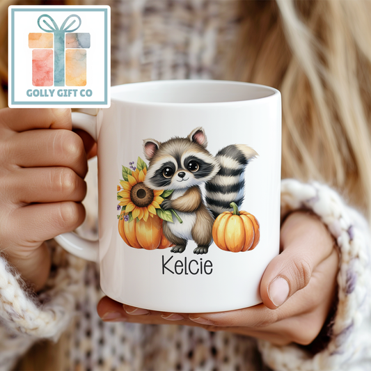 Personalized Racoon Thanksgiving / Fall Coffee Mug or Tea Mug - Cute Racoon with Pumpkins and a Sunflower - Golly Gift Co