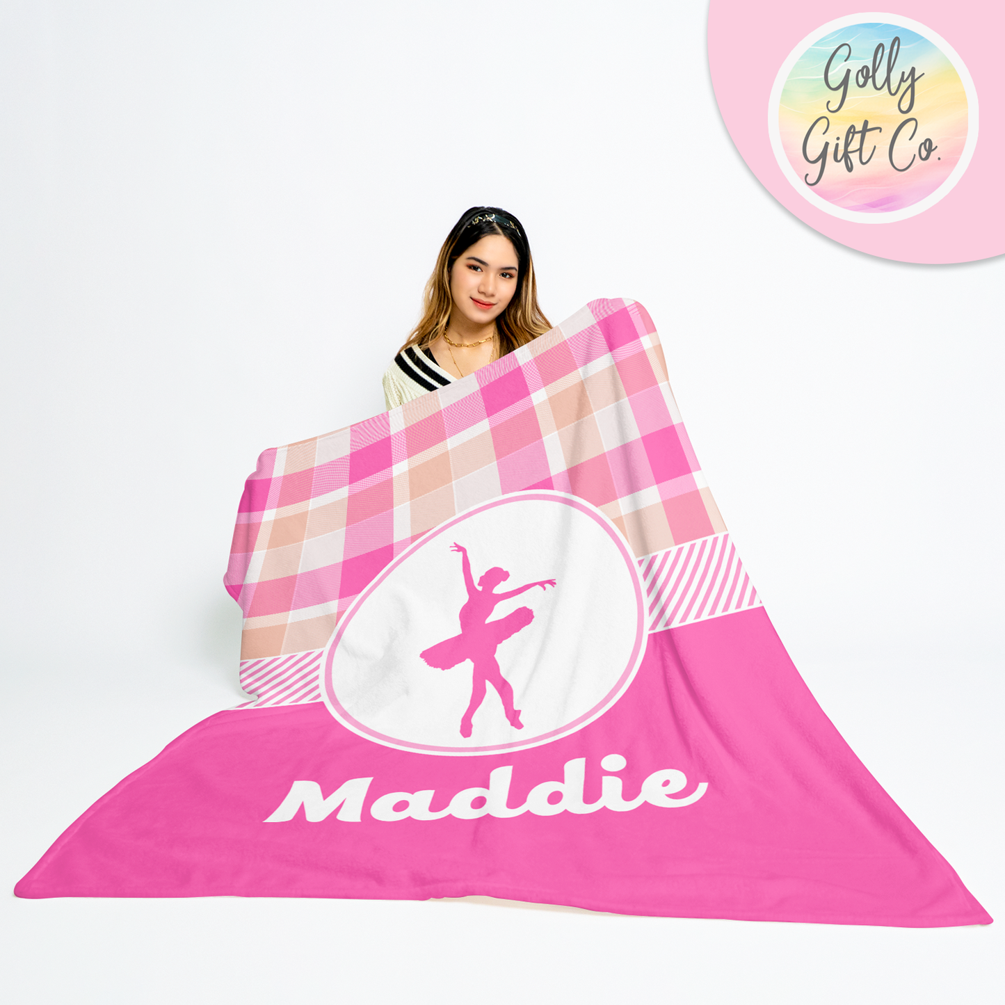 Personalized Peach Plaid Dance Bedding - Ballerina Dance Themed Fleece or Sherpa Throw Blanket - Monogrammed Gift for Dancers - Golly Gift Co