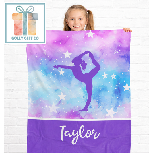 Personalized Gymnastics Typography Bedding - Purple Sky With Stars Gymnastics Themed Fleece or Sherpa Throw Blanket - Gift for Girl Gymnast