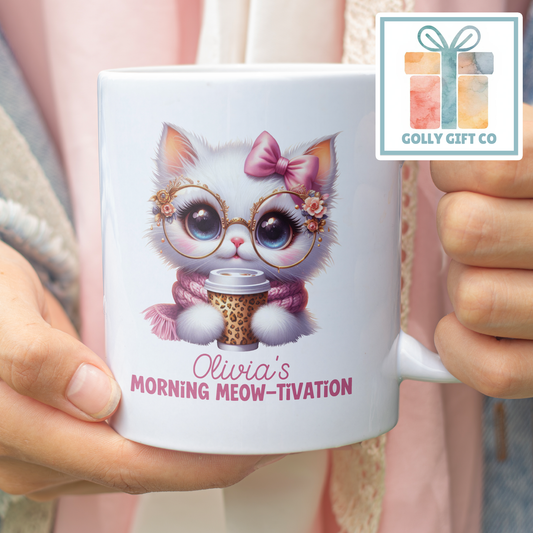 Personalized Cat Mug with Name, Custom Coffee Lover Gift, Cute Kitten Morning Meow-tivation Mug, Funny Cat Lady Gift for Her