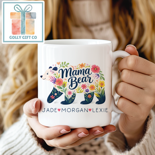 Personalized Floral Mama Bear Mug | Custom Name Mom Gift | Mother's Day Birthday Gift for Mom