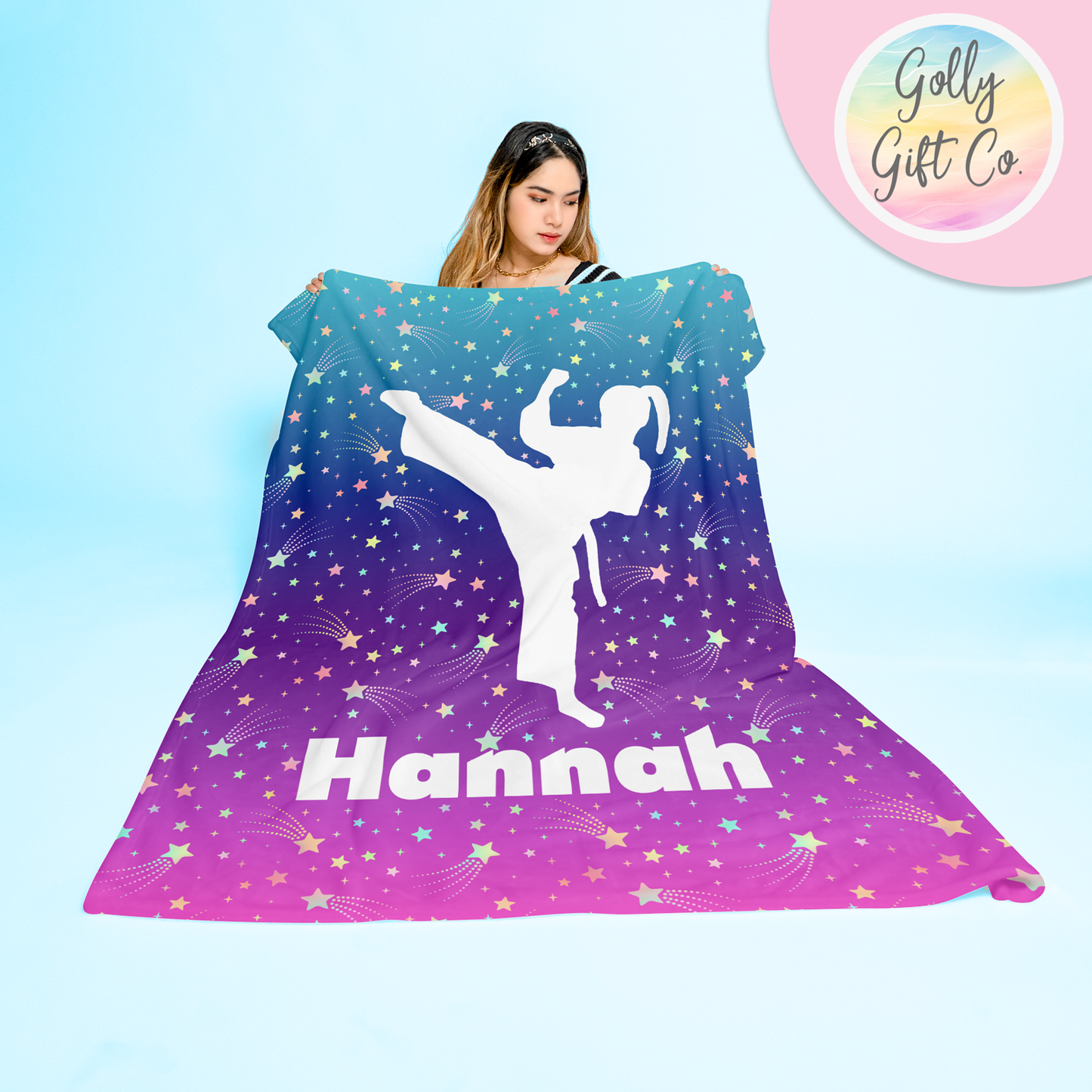 Personalized Among the Stars Karate Bedding - Martial Arts Themed Fleece or Sherpa Throw Blanket - Gift For Martial Arts Girl - Golly Gift Co