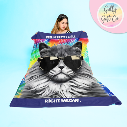 Cool Kitty Blanket - Feelin' Pretty Chill Right Meow - Fleece Blanket Gift for Cat Lover - Cat in Sunglasses - Tie Dye Blanket