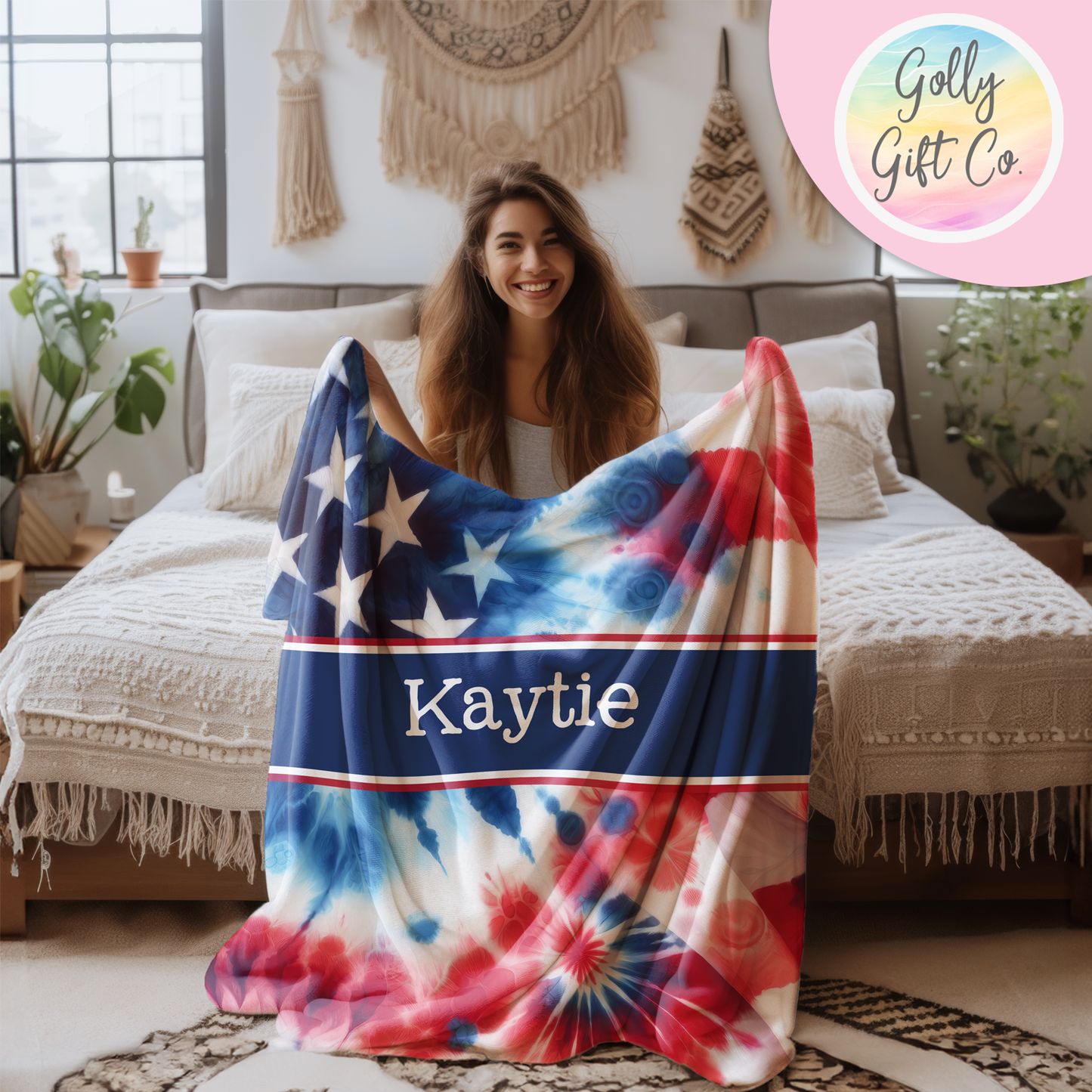 Personalized Name USA Flag Fleece Blanket - Patriotic Themed Fleece or Sherpa Throw Blanket - America Bedding - Monogrammed USA Gift