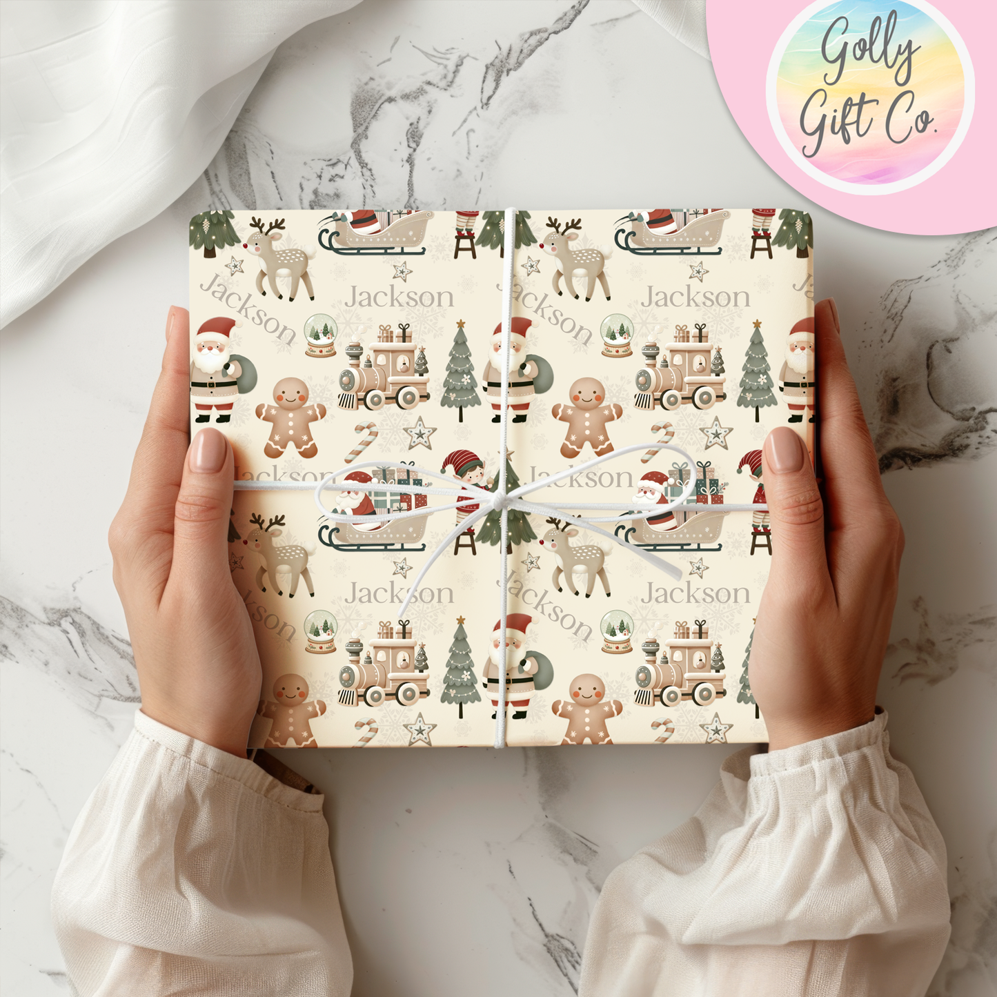 Personalized Cute Boho Christmas Wrapping Paper - Your Name Christmas Gift Wrap - Custom Gift Wrap for Christmas With Neutral Colors - Golly Gift Co