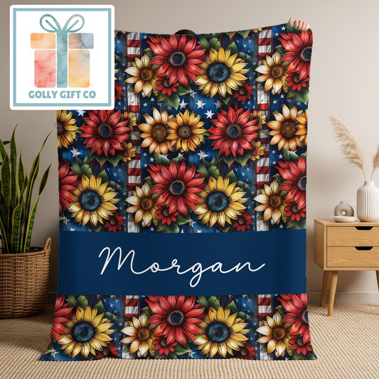 Personalized Patriotic Sunflower Blanket - Custom American Flag Fleece Blanket