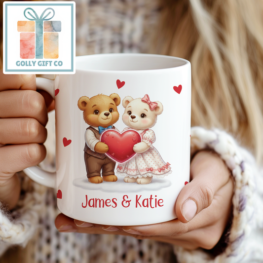 Personalized Couples Teddy Bear Mug, Custom Name Gift for Valentines / Anniversary, His and Hers Gift