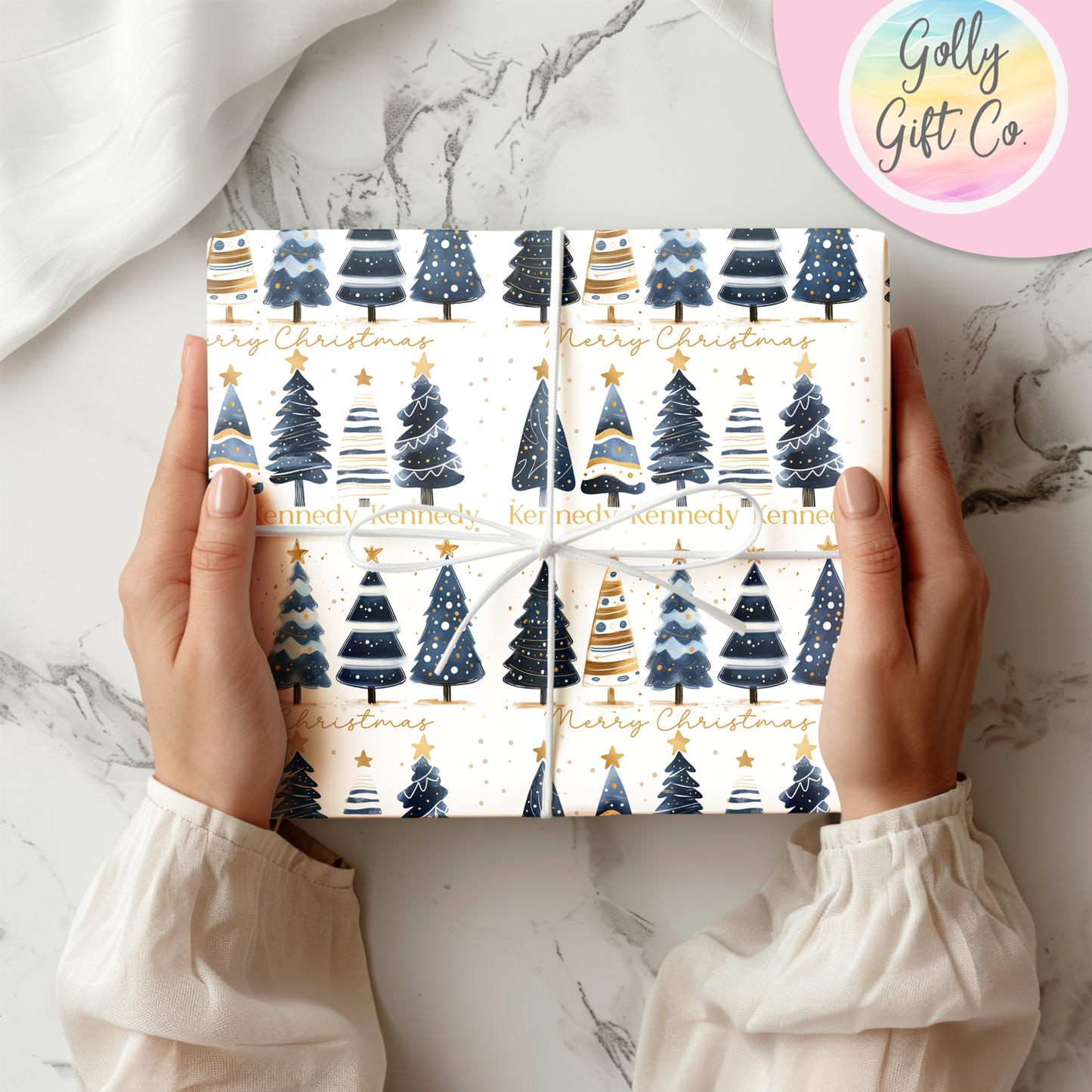 Personalized Elegant Blue Trees Christmas Wrapping Paper - Your Name Christmas Gift Wrap - Custom Gift Wrap for Christmas Gifts - Golly Gift Co