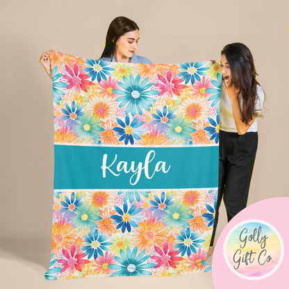 Personalized Springtime Hippie Floral Bedding - Vibrant Flowers Pattern Fleece or Sherpa Throw Blanket - Custom Gift for Her - Golly Gift Co