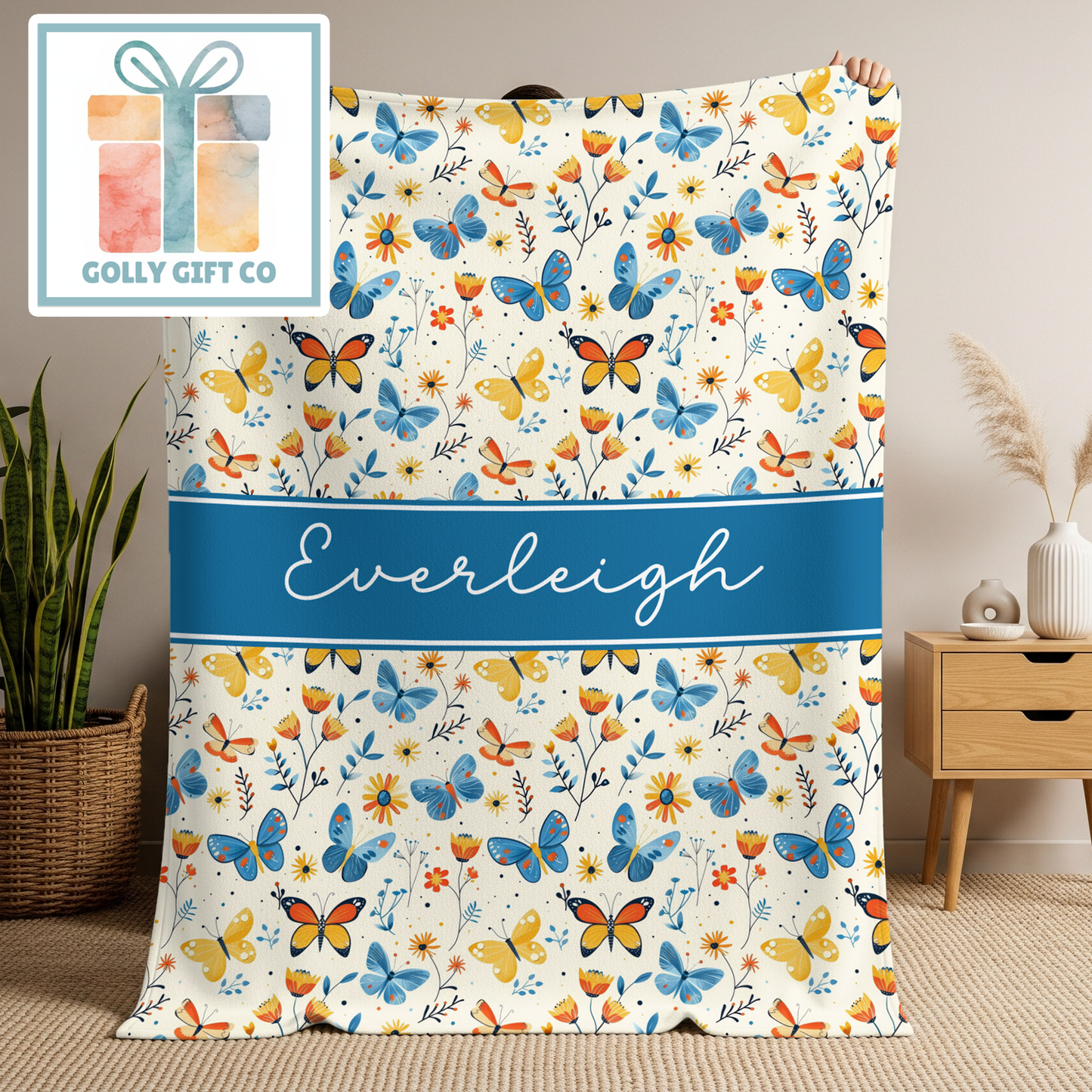 Personalized Butterfly Blanket | Custom Name Fleece Throw | Floral Butterfly Gift