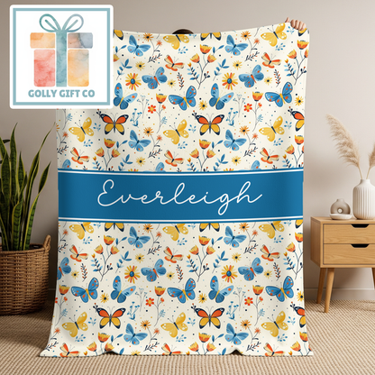 Personalized Butterfly Blanket | Custom Name Fleece Throw | Floral Butterfly Gift
