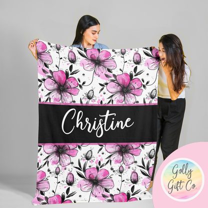 Personalized Pink and Black Inky Floral Bedding - Flower Pattern in a Inky Style Fleece or Sherpa Throw Blanket - Custom Gift for Her - Golly Gift Co