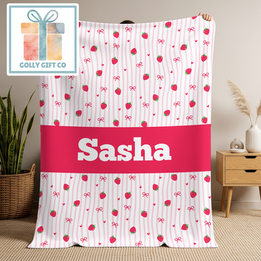 Personalized Strawberry Fleece Blanket - Custom Name Blanket - Pink Stripe Gift