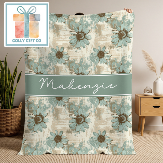 Personalized Rustic Daisy Fleece Blanket with Name, Turquoise Floral Custom Throw Blanket, Farmhouse Home Decor Gift