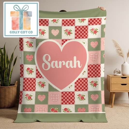 Personalized Country Cottage Heart Blanket - Custom Name Vintage Patchwork Rose Fleece Blanket