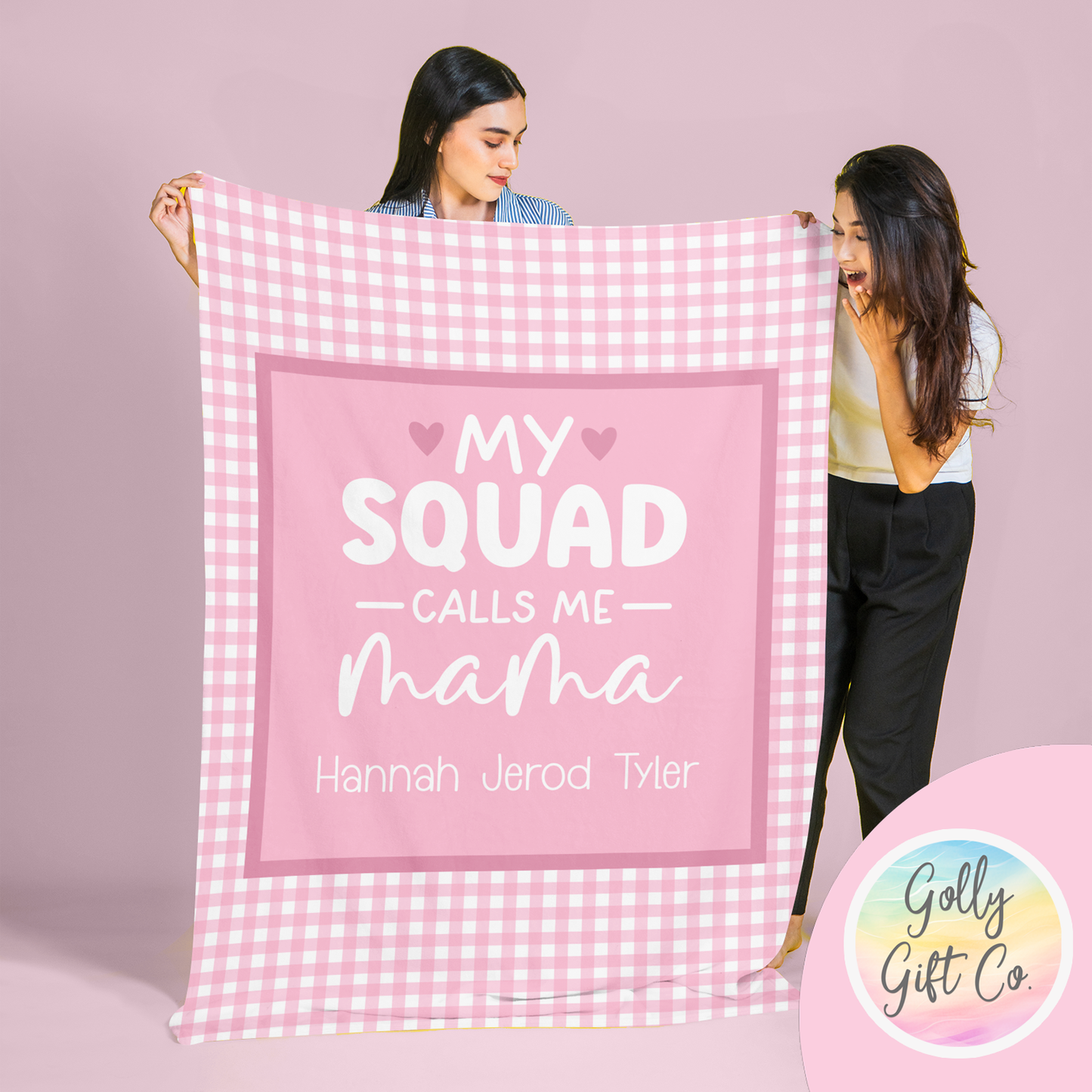 Personalized Mom Blanket with Kids Names - My Squad Calls Me Mama - Fleece Blanket Gift for Mom - Pink Gingham - Golly Gift Co