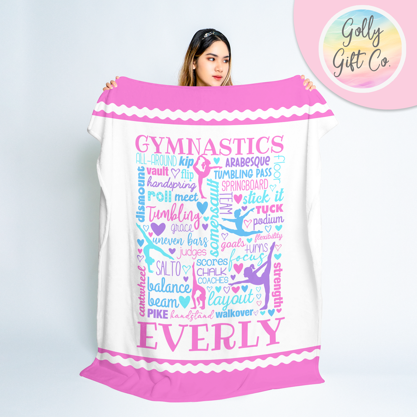 Personalized Gymnastics Typography Bedding - Pastel Gymnastics Words Themed Fleece or Sherpa Throw Blanket - Gift for Girl Gymnast - Golly Gift Co