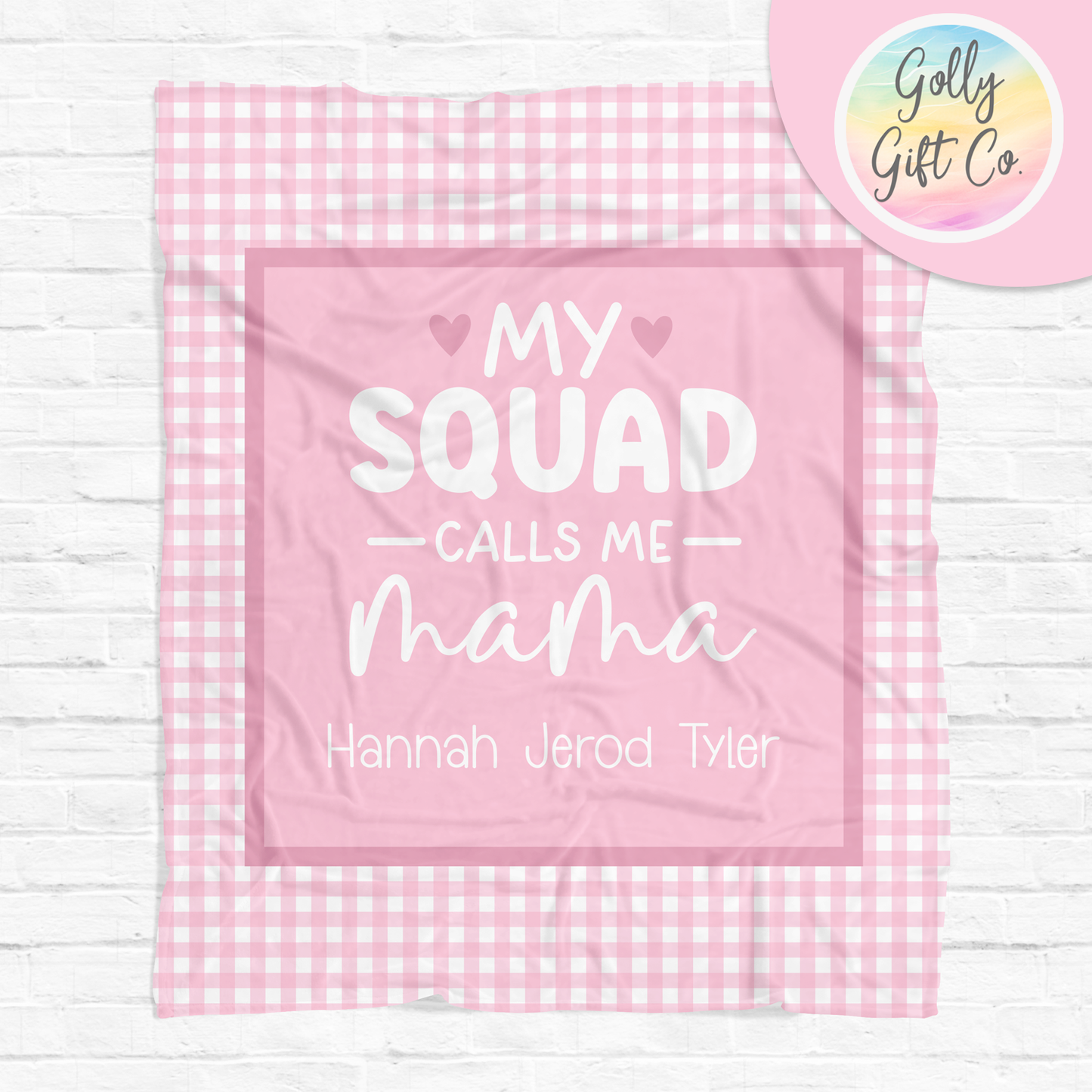 Personalized Mom Blanket with Kids Names - My Squad Calls Me Mama - Fleece Blanket Gift for Mom - Pink Gingham - Golly Gift Co