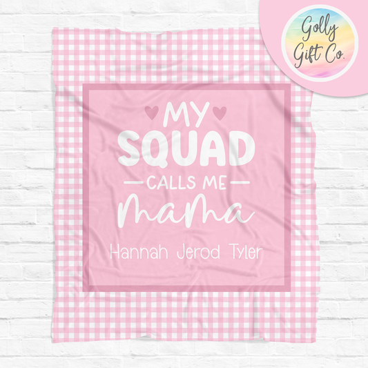 Personalized Mom Blanket with Kids Names - My Squad Calls Me Mama - Fleece Blanket Gift for Mom - Pink Gingham - Golly Gift Co