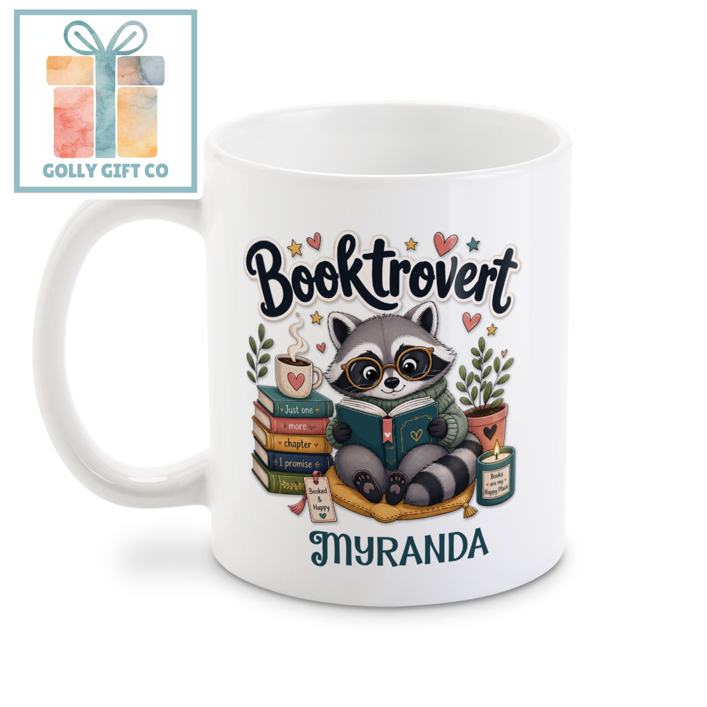 Personalized Booktrovert Mug | Custom Name Book Lover Gift | Raccoon Reading Coffee Cup | Gift for Readers - Golly Gift Co